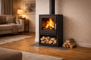 Poêle à bois installé dans un intérieur chaleureux